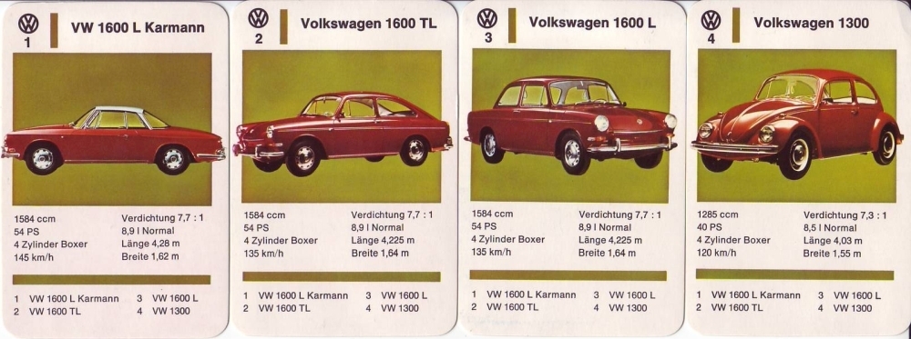 Altes Autoquartett Bären-Spiele, Volkswagen, VW 1600, Karmann